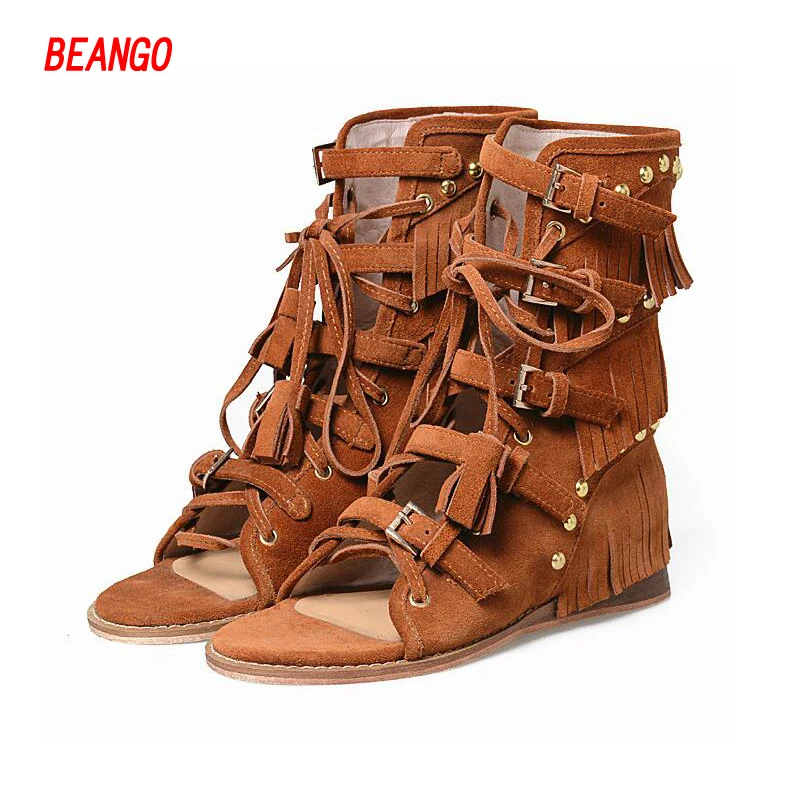 BEANGO Suede Flat Shoes Woman High Top Tassel Fringe Gladiator Sandal Rivet Open Toe Cross-tied Zapatos Mujer 2017 Summer Boots