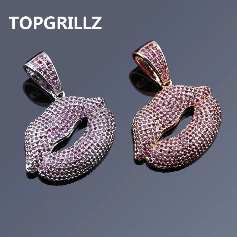 TOPGRILLZ Iced Out Red Lips Pendant Necklace Men Women Charm Hip Hop Rose Gold Silver Color