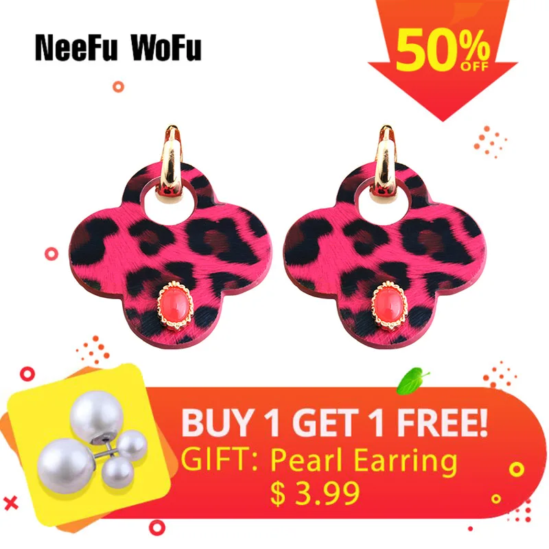 

NeeFu WoFu Drop Big Earrings Clover Woman Tiger Leather Discoloration Stone Large Long Printing Ear Leopard Oorbellen Brinco