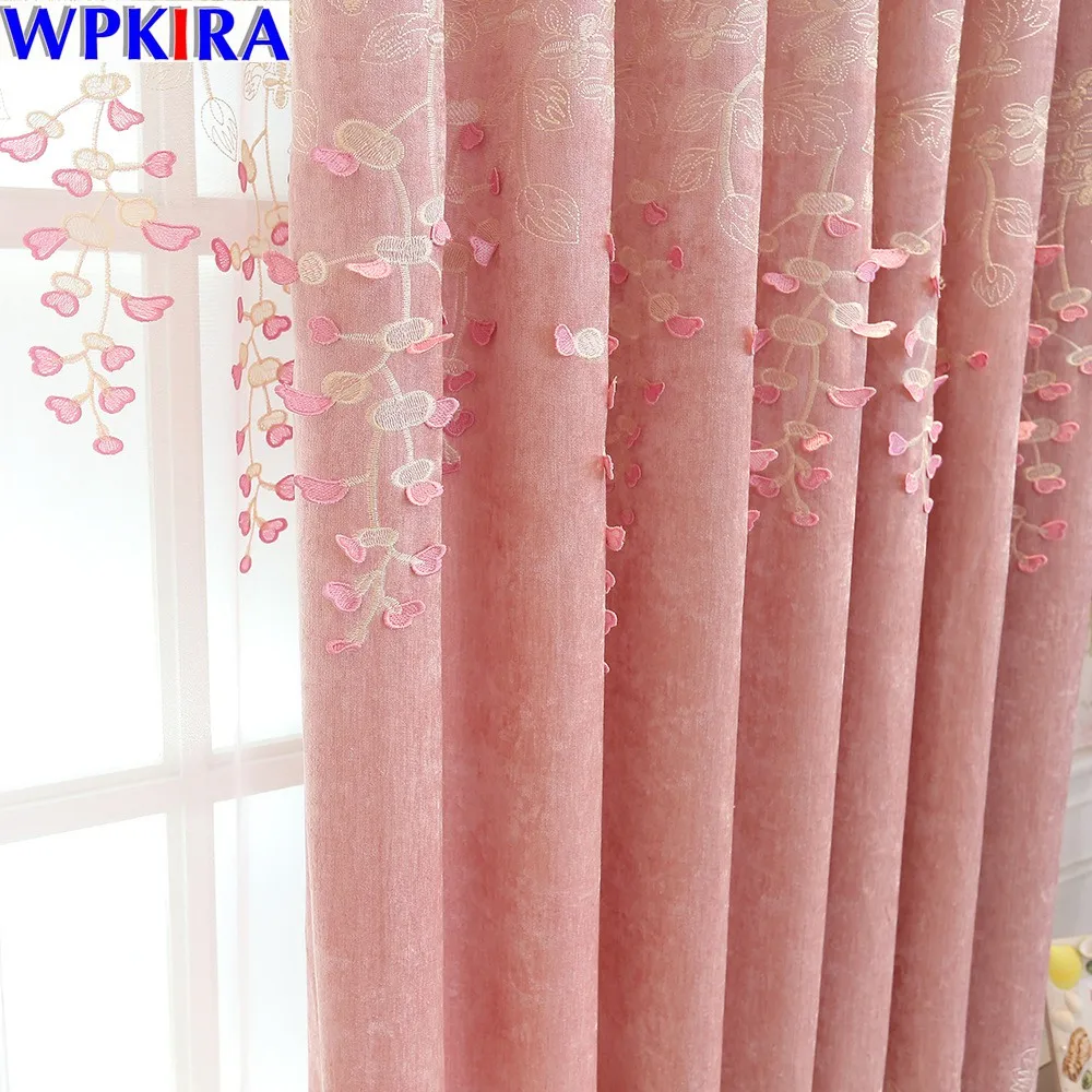 

Embroidery Floral Curtains For The Living Room Window Show Tulle Dormitorio Tenda Finestra Flocked Pink Thick Curtain WP189-30