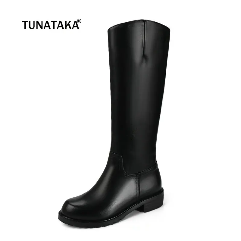 

Ladies Genuine Leather Comfort Low Heel Knee High Boots Fashion Round Toe Zipper Women Fall Winter Shoes Black Beige