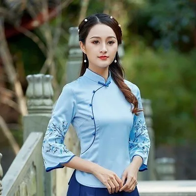 Розовые Топы китайские Qipao рубашки guzheng вышивка цветок национальная таможня мода ежедневно Китай чайная церемония обслуживание шелковый пиджак - Цвет: blue