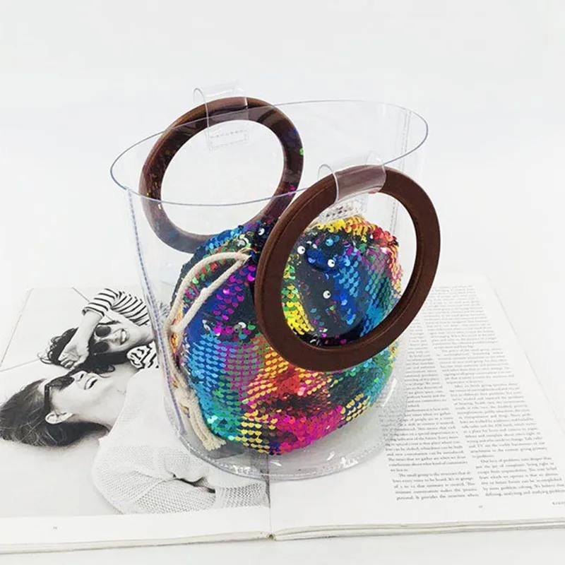 

Pvc Transparent Bag Women Luxury Handbags Women Bags Designer Clear Bucket Hand Bag Sac A Main Wooden Wrist Sequin Handbag Kkln