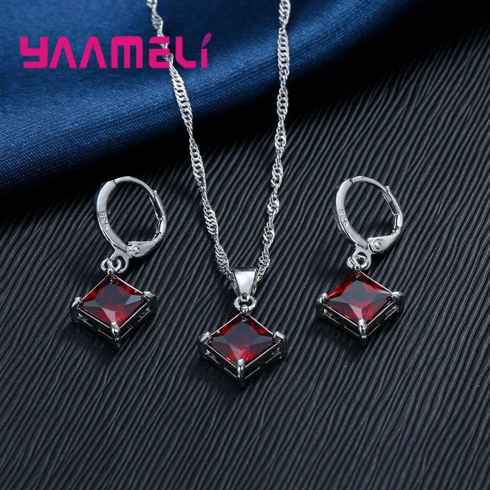 Аутентичные стерлингового серебра 925 блестящие CZ геометрические классические квадратные серьги Huggie ожерелье наборы для женщин ювелирные украшения