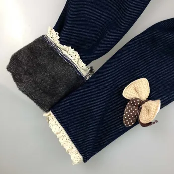 New Brand 2019 Winter Fur Girls Bow Jeans Cotton Children Cashmere Pants Kids Warm Elastic Waist Legging Wholesale And Retail 4