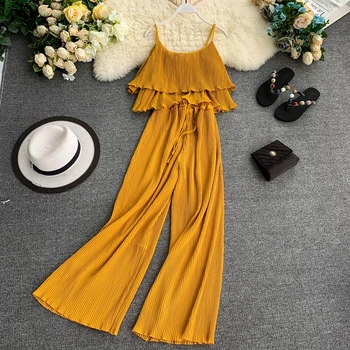 

2019 Women Summer Fashion Casual Double-Layer Ruffed Pleated Short Blouse Shirts + Long Wide Leg Pants 2 Piece Sets