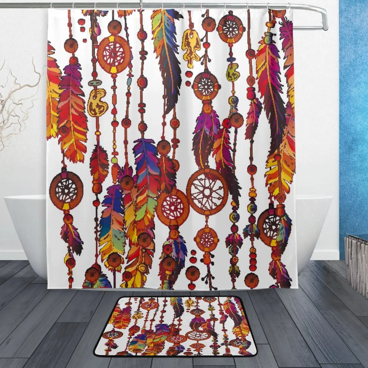 Dream Catcher Shower Curtain and Mat Set, Colorful Feather Tribal