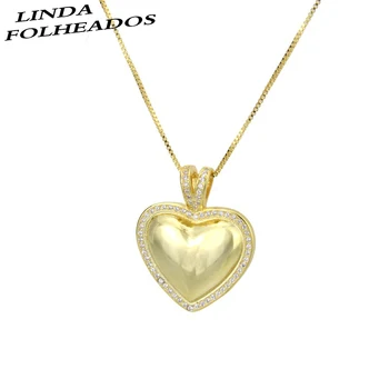 

LINDA FOLHEADOS New Gold copper white cubic zirconia heart pendant necklacefor women fashion party sweet simple jewelry necklace