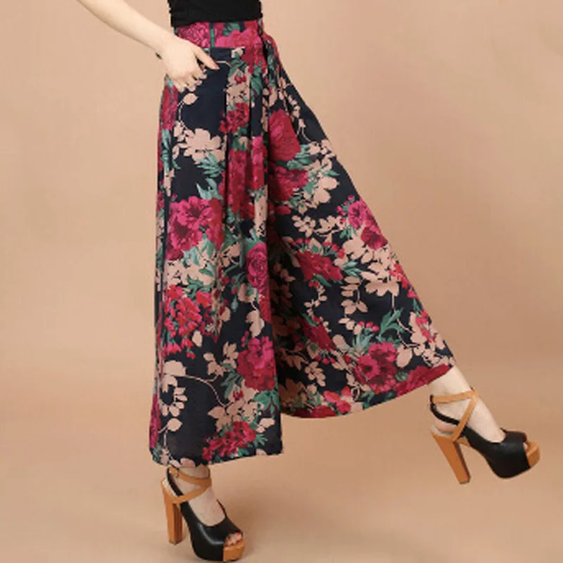 Plus size Summer Women Print Flower Pattern Wide Leg Loose Linen Dress Pants Female Casual Skirt Trousers Capris Culottes N597 Plus size Summer Women Print Flower Pattern Wide Leg Loose Linen Dress Pants Female Casual Skirt Trousers Capris Culottes N597
