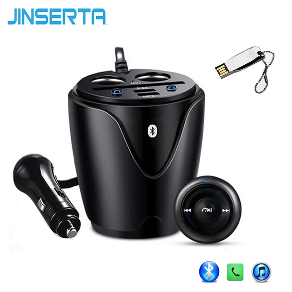 

JINSERTA Bluetooth Car Kit FM Transmitter HandsFree MP3 Player Cigarette Lighter Adapter Splitter 2 USB Port + Remote