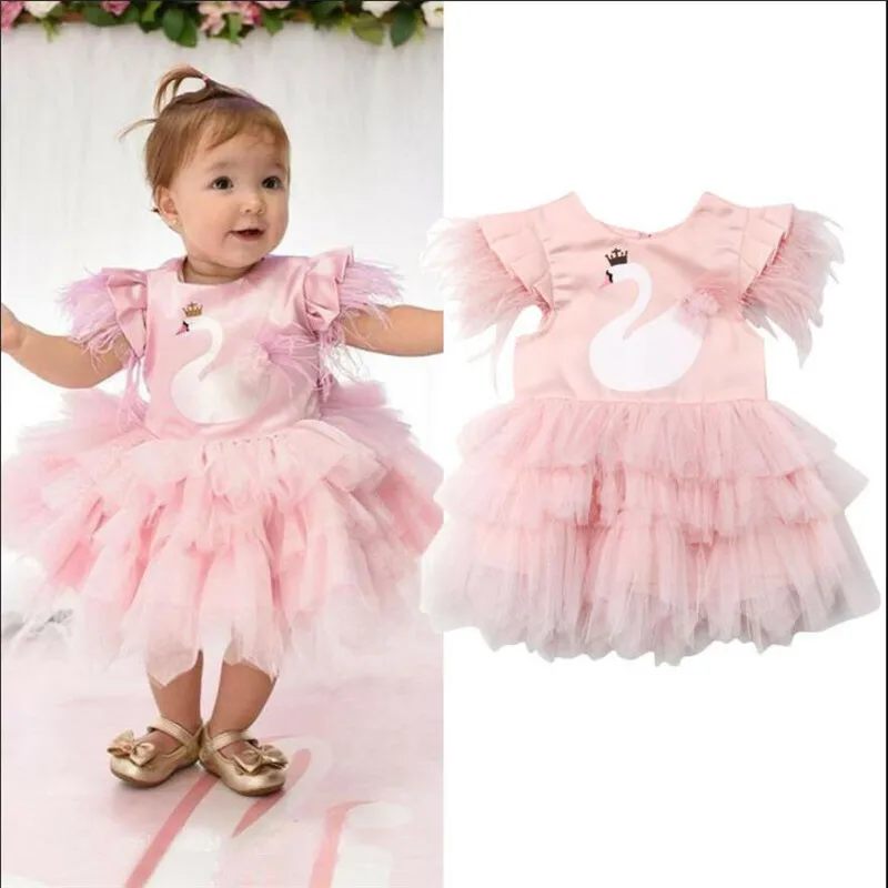 

Formal Kids Baby Girls Swan Party Pageant Princess Dress Feathers Sleeve Tulle Tutu Wedding Birthday Dress Girl Ball Gown 6M-5Y