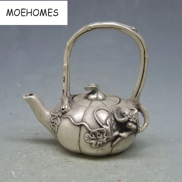 Collectible Decor Old Handwork Miao Silver Carved Dragon Bamboo TeaPot