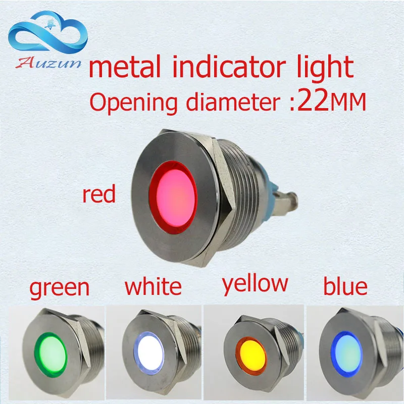 

1 PCS LED metal Indicator Lights 22mm metal flat light warning car light 3V 6V 12v 24V 36V220v red green yellow blue and white