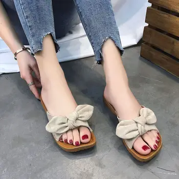 

Slippers Women Summer Bow Summer Sandals Slipper Indoor Outdoor Linen Flip-flops Beach Shoes Female Fashion Floral Flat Sandals
