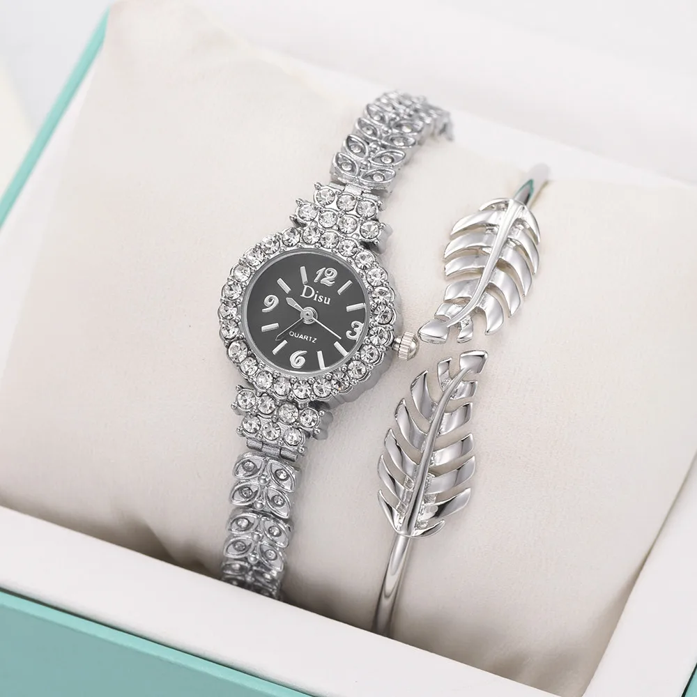 

Luxury women watches silver crystal Watch Leaf Bracelet Set Chain Watch clock women Birthday set gold Gift relogio masculino