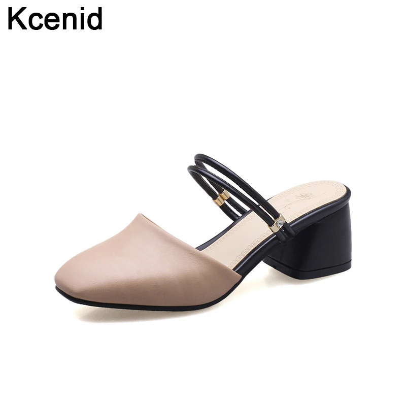 

Kcenid 2018 New fashion square toe narrow band women mules chunky heels women pumps slip on pink ladies shoes plus size 33-46