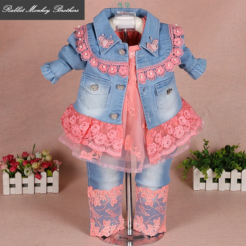 Baby girl clothes spring and fall baby suits newborn girls denim gauze lace three piece set