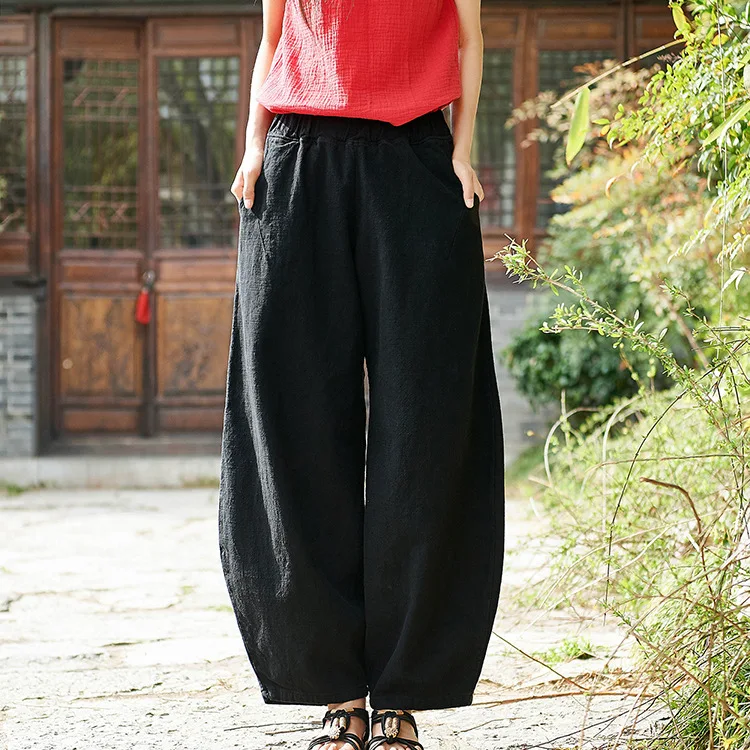 LZJN 2019 New Women Solid Color Pockets Loose Pants Vintage Elastic Waist Cotton Linen Wide Leg Full Length Pants (41)