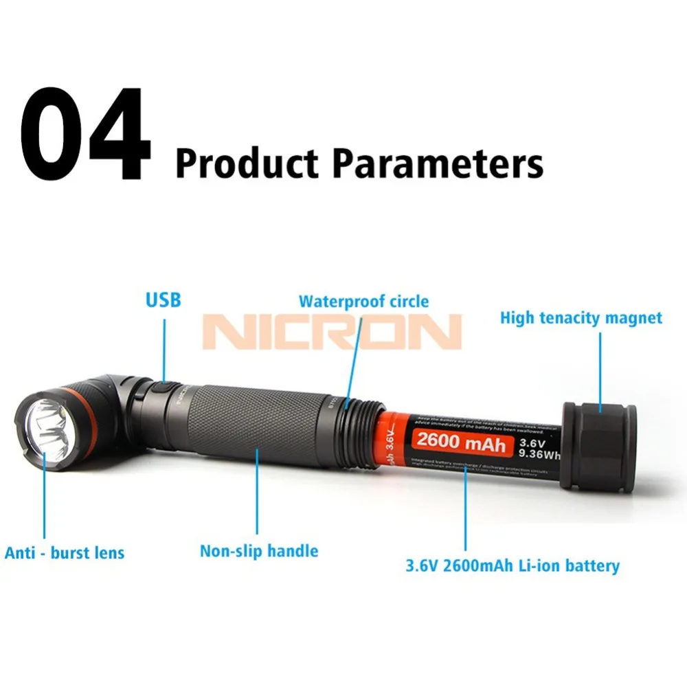 NICRON магнит 90 градусов поворот UV/белый 2 Цвет Перезаряжаемые фонарик 18650 2500 мА/ч