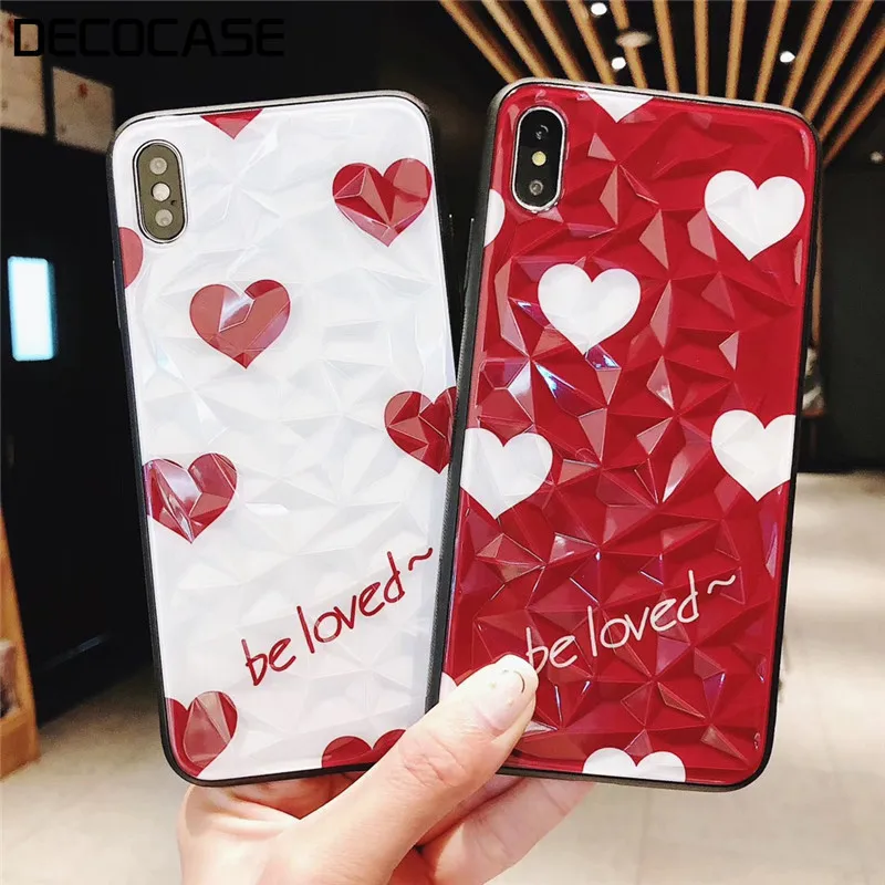 DECOCASE Summer Cute Heart Red White Silicone 3D Rhumbos Women Girls Phone Case for iPhone 6 6s 7 8 Plus X XR XS Max Mobile |