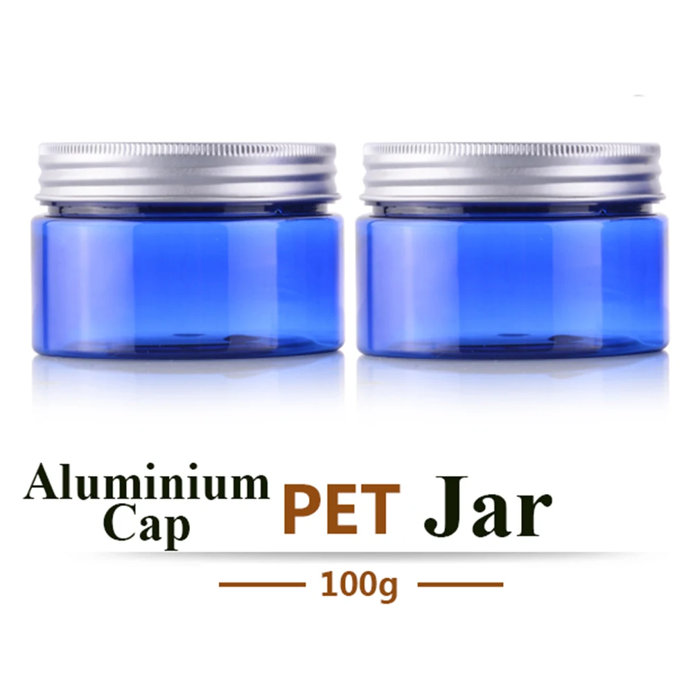 10pcs 100g Blue Plastic Jar with Aluminum Cap Cosmetic Jars with Lids