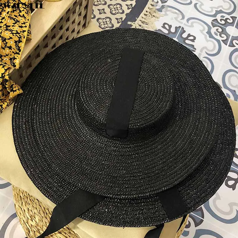 

Wholesale18cm/7.1" Large Brim Black Straw Hat for Men Women Bandage Ribbon Tie Sun Hat Derby Sun Protection Summer Beach Hat