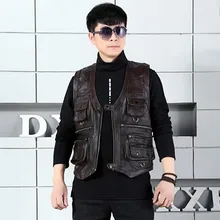 Брендовый жилет из натуральной коровьей кожи, мужской жилет для фотографии с множеством карманов, коричневая мотоциклетная куртка, мужской жилет