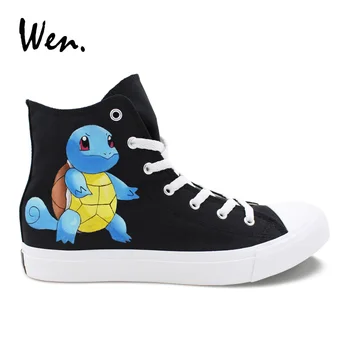 

Wen Hand-Painted Design Turtle Shoes Pokemon Squirtle Graffiti Shoes Black Canvas High Help Wrapping Foot Pedal Platform Flat