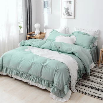 

Korean Princess Style 4 pcs Pure Cotton Bed Sets Duvet Cover Bed Skirt Pillowcase Ruffles Light Green White Grey Color