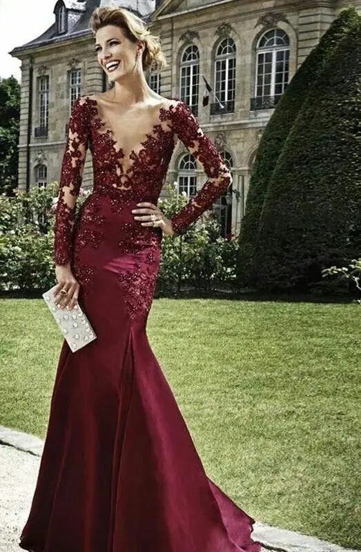 Long sleeve v neck evening gowns 2016