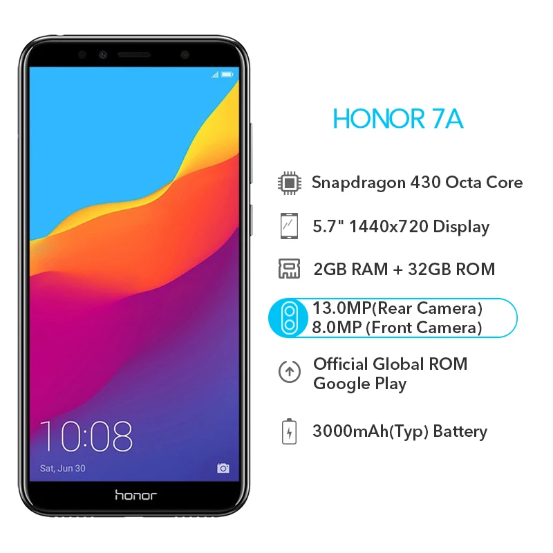 Оригинал Honor 7A 2 Гб ОЗУ 32 ПЗУ 5 7 &quotSnapdragon 430 Восьмиядерный мобильный телефон задний