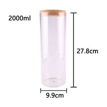 

2000ml Kitchen Food Candy Nuts Transparent Glass Storage Bottle Terrarium Can Jar with Cork Stopper 9.9*27.8cm