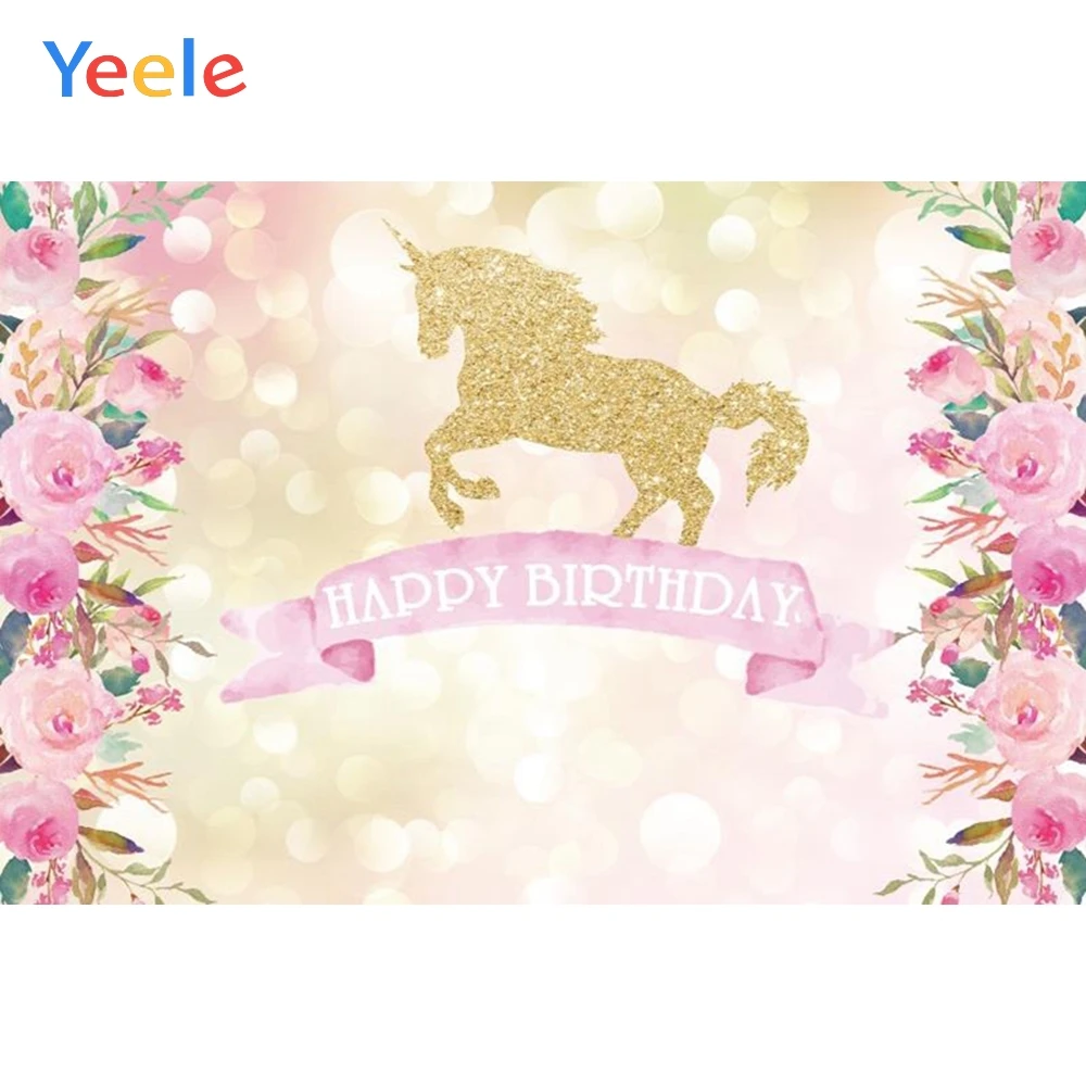 

Yeele Vinyl Golden Unicorn Flowers Baby Birthday Party Photography Backdrops Girl Photographic Backgrounds For Photo Studio