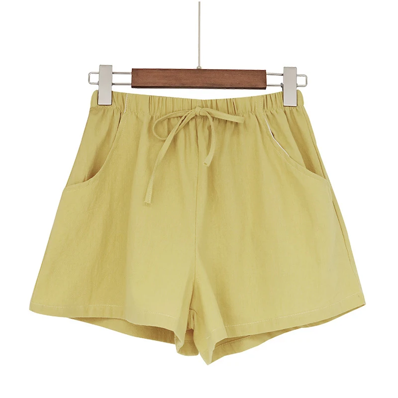 Хлопок льняные шорты женские летние шорты брюки Feminino женские высокие эластичные домашние Свободные повседневные шорты с карманами - Цвет: Goose Yellow