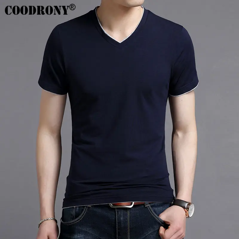COODRONY, весна-лето, короткий рукав, футболка, мужская, повседневная, v-образный вырез, футболка, мужская, чистый хлопок, топ, Homme, брендовая одежда, s-xxxxl, S7616