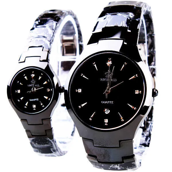 Высокое качество люксовый бренд полная черная пара влюбленных Женщин Мужчин Кварцевые полный стальной наручные часы водонепроницаемые функции Корона часы