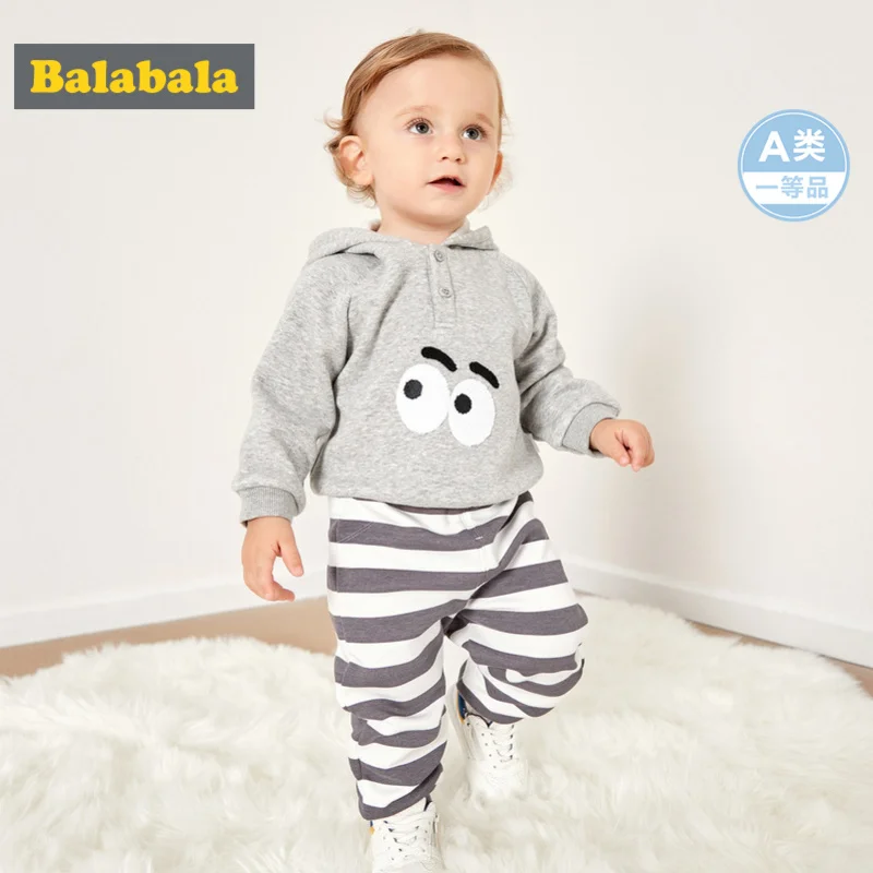 Balabala Infant Baby Boy Girl 2-Piece Fleece-Lined Thermal Hooded Sweatshirt + Joggers Set for Winter Newborn Clothing | Детская одежда