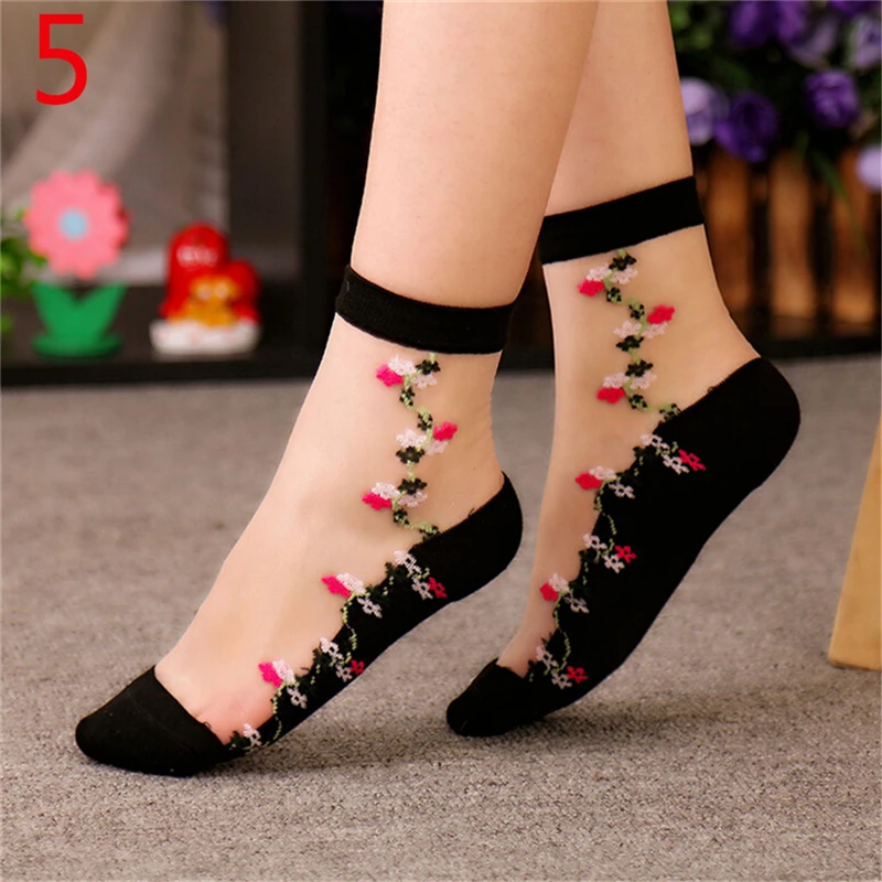 Soft Sheer Silk Cotton Elastic Mesh Knit Transparent Ankle Socks Flower