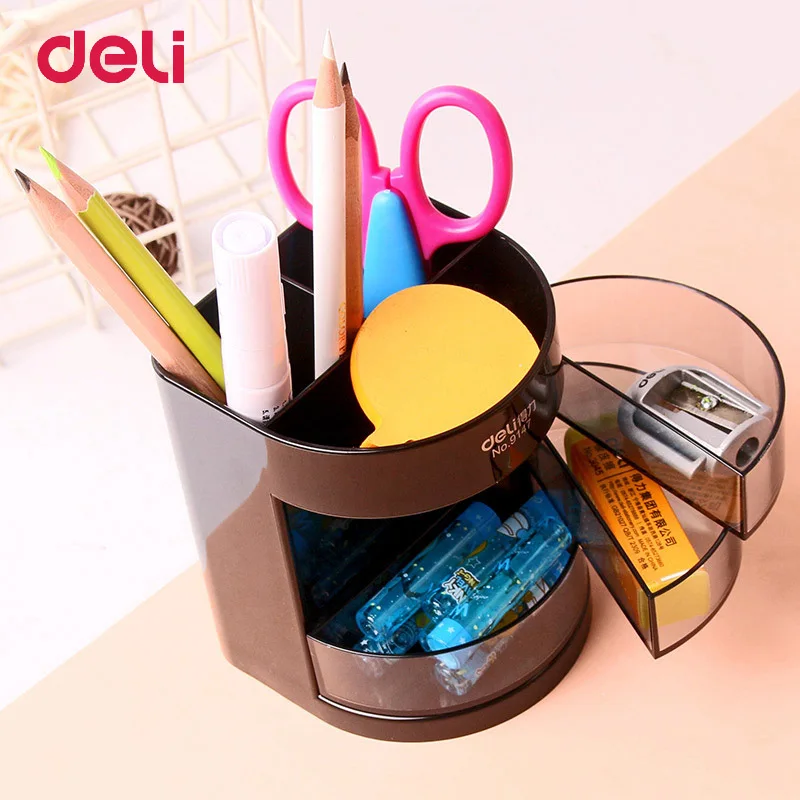 

Deli Multifunctional Plastic Pen Holders Three Layers Of Transparent Small Drawer Office High-end Desktop Storage Pen Holder