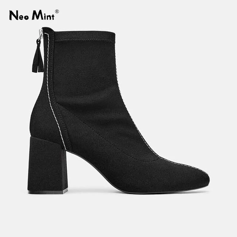 

Suede Sock Boots Women 2019 Winter Chunky Heels Ankle Boots for Women Square Heels Zipper Booties Woman Double White Line Shoes
