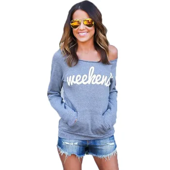 

Letter Print Weekend Blue Hoodies Women Loose Long Sleeve O-neck off shoulder Sweatshirts Casual Autumn Female Pullovers