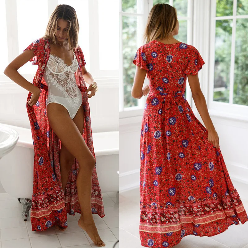 Nadafair Boho цветочное женское Макси платье с v-образным вырезом Сплит пляжное сексуальное длинное платье с поясом элегантные вечерние летние платья vestidos robe Femme