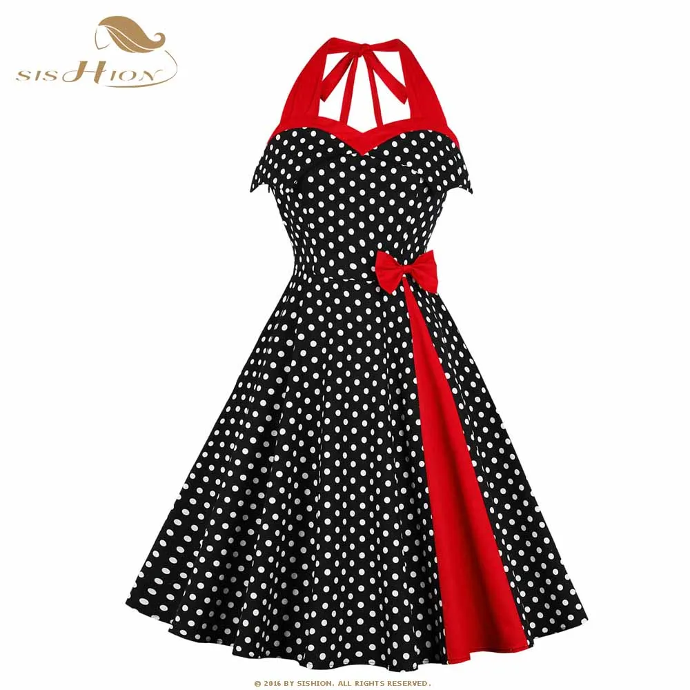 

SISHION Cotton Polka Dot Dress Women Summer VD1045 Sleeveless Sexy 50s 60s Retro Vintage Rockabilly Black Pin Up Dress