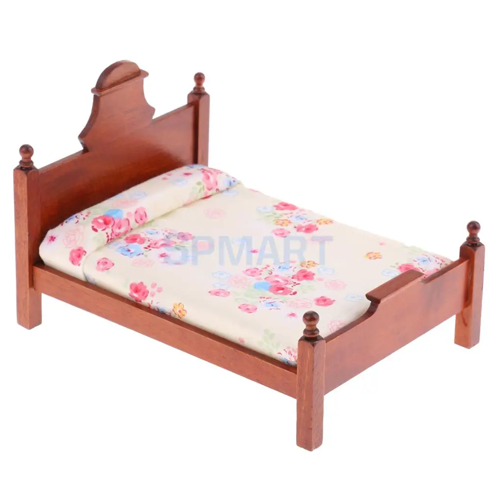 1/12 Scale Dollhouse Miniature Bedroom Furniture Floral Double Bed for 12th Dolls House Decoration Accessories