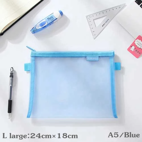 Простые однотонные Цвет Стиль прозрачной сетки Карандаш Чехол для офисного школьная Канцелярия; карандаш коробка для хранения косметических принадлежностей, сумка-мешок - Цвет: L-large-A5-Blue
