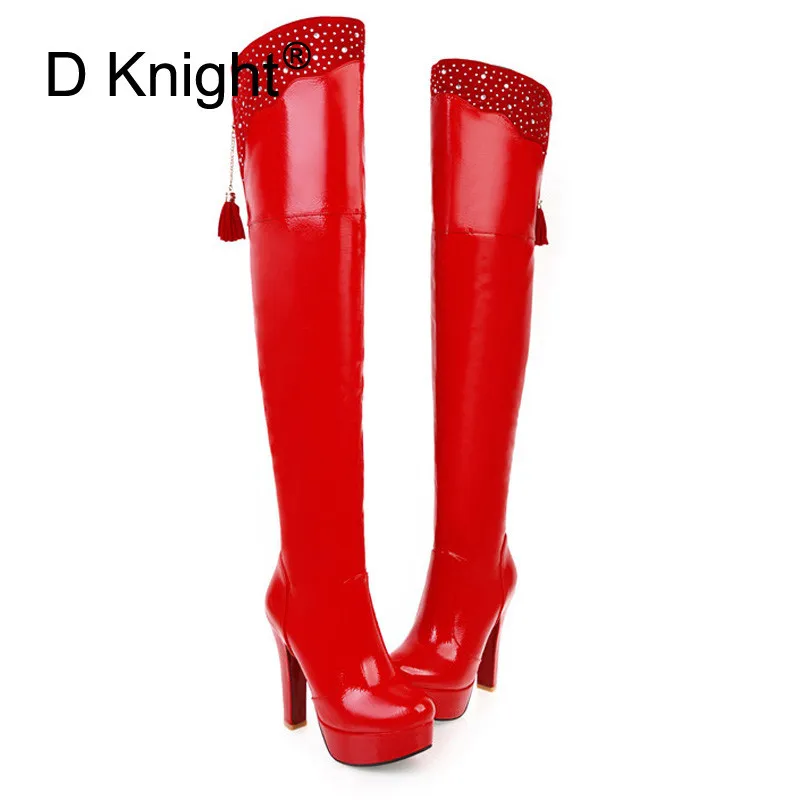 Tassel Rhinestone Thigh High Boots Patent Leather Thick Heels Over-the-Knee Boots Large Size 48 Steel Pole Dance Boots For Women (2)
