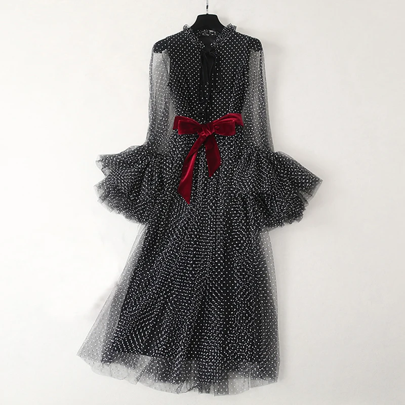 VERDEJULIAY, подиумное модное элегантное платье, лето, модное Черное длинное платье с длинным рукавом в горошек и сеткой, вечерние платья, vestido