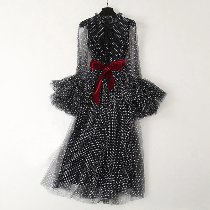 

VERDEJULIAY Runway Fashion Elegant Dress Summer Fashion Long Sleeve Flare Dot Mesh Black long Dress Party vestido Vestido