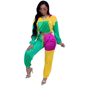 

Autumn Casual Tracksuit Women Two Piece Set Contrast Patchwork Hooded Sweatshirt Top and Pants 2 Piece Sets Sweat Suits Female