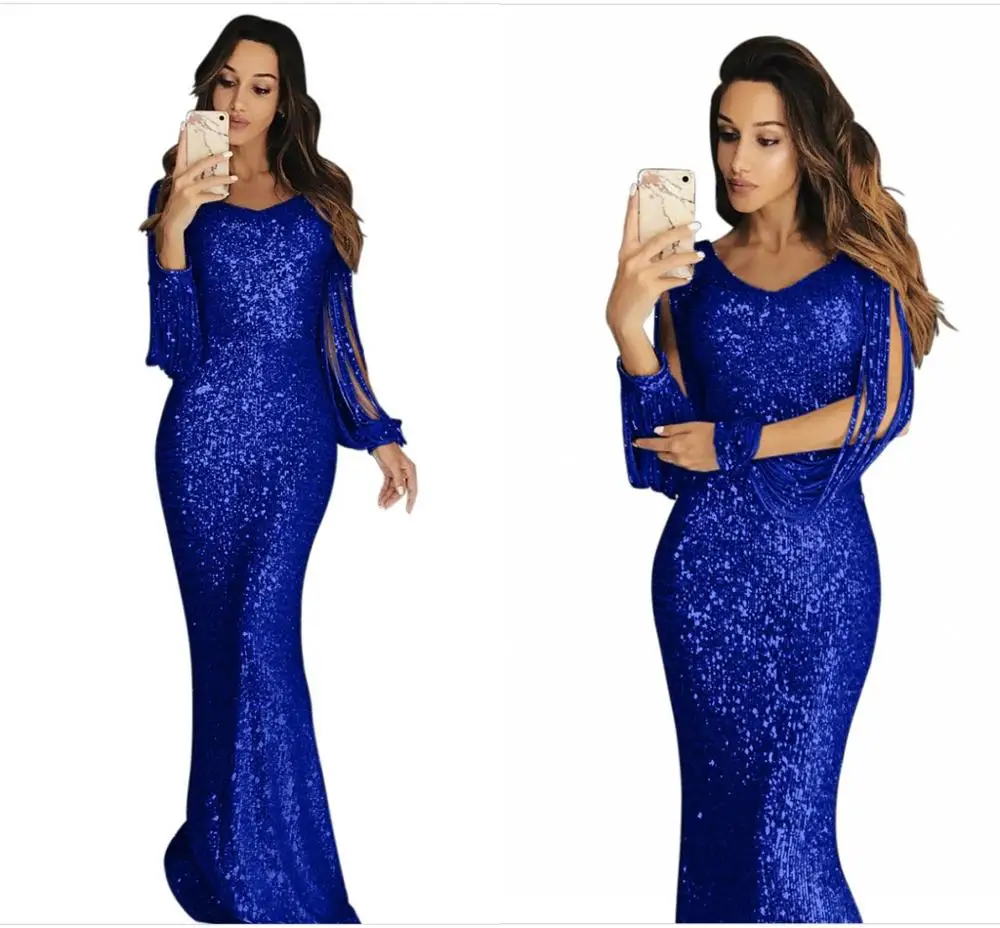 

Luxury V-neck Mermaid Long Evening Dresses Royal Blue Train Long Sleeves Beading Crystal Evening Gown 2019 robe de spriee